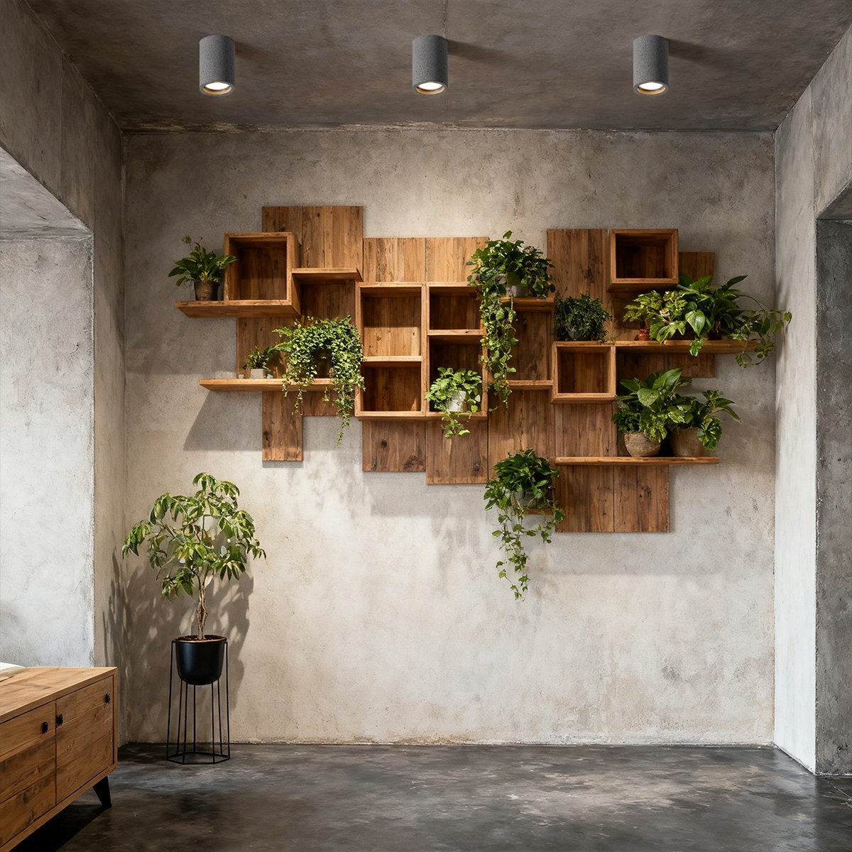 Concrete ceiling light in bedroom setting — Casa Norex