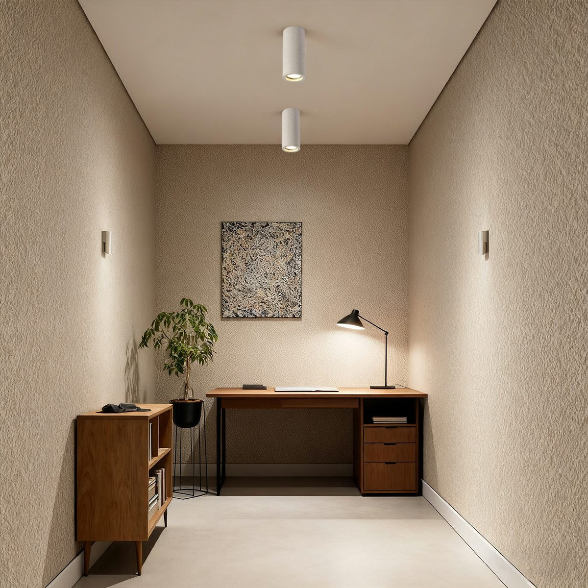 Close-up of cast concrete texture on round ceiling light | Casa Norex