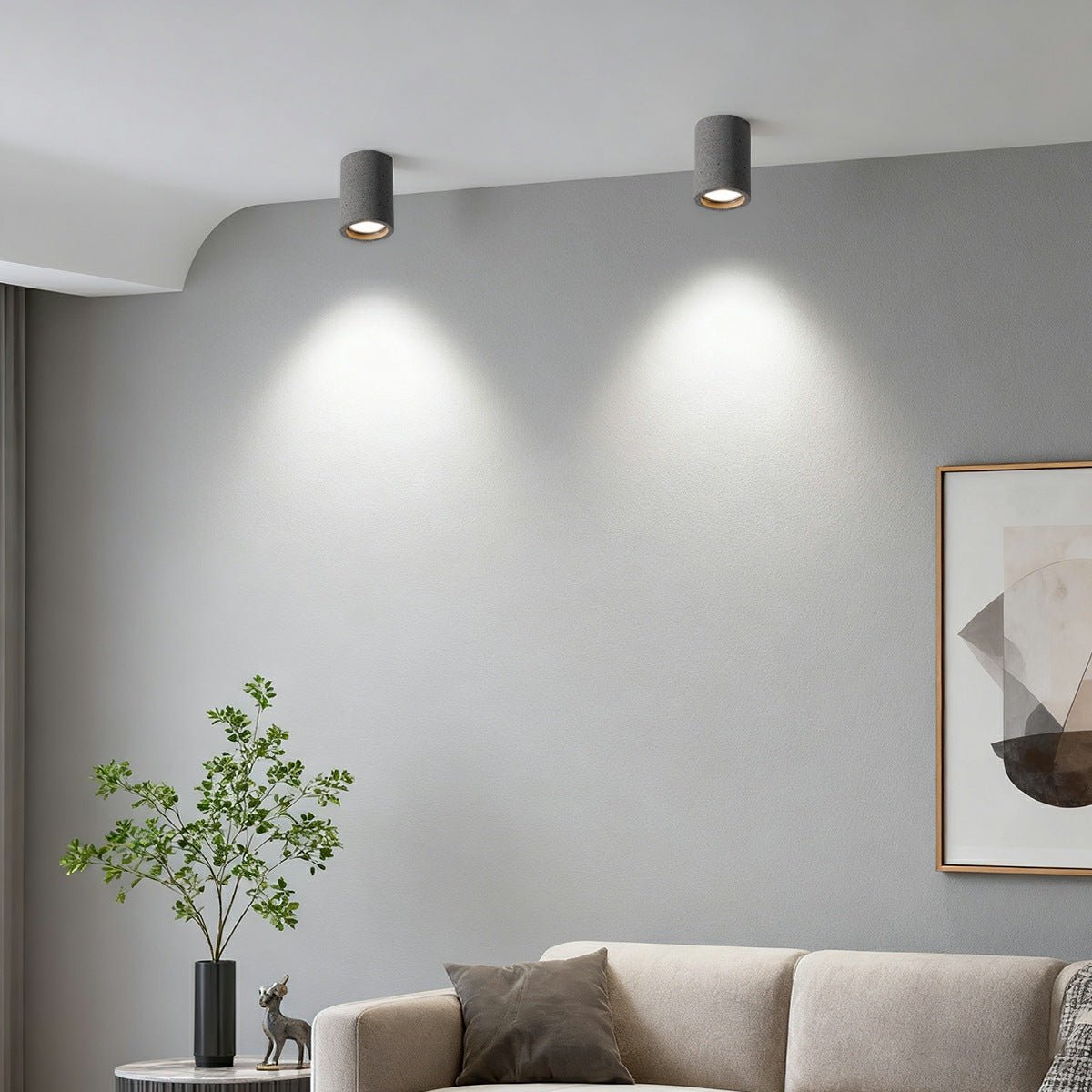 Concrete ceiling light lit — 685-lumen glow — Casa Norex