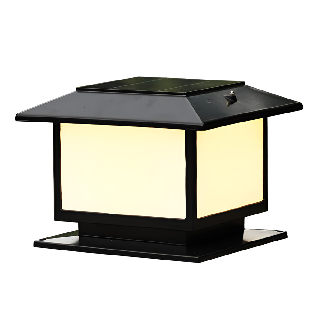 Square outdoor pillar light Brindle, black metal frame and frosted shade with a warm garden glow | Casa Norex
