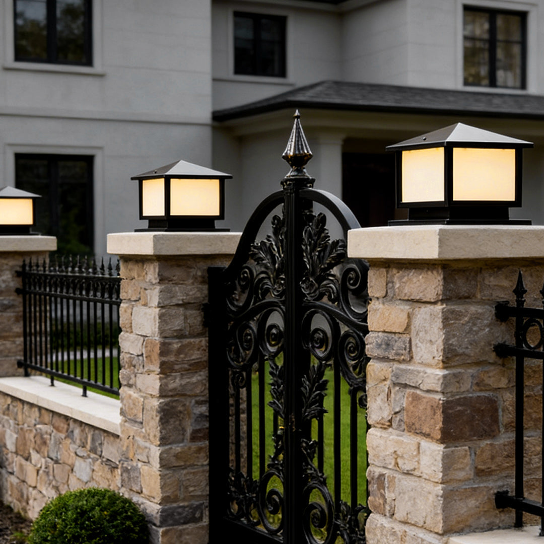 Brindle pillar light on a gate pillar at a driveway — Casa Norex