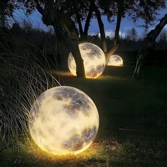 Moon globe landscape lights Selene, glowing moon sphere among trees in a night garden | Casa Norex