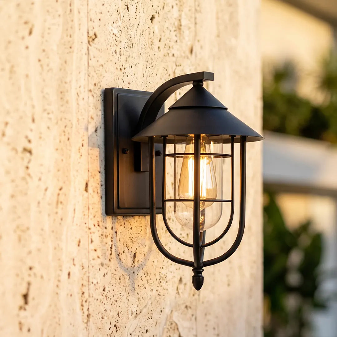 Lantern outdoor wall light close-up of cage and glass detail — Casa Norex