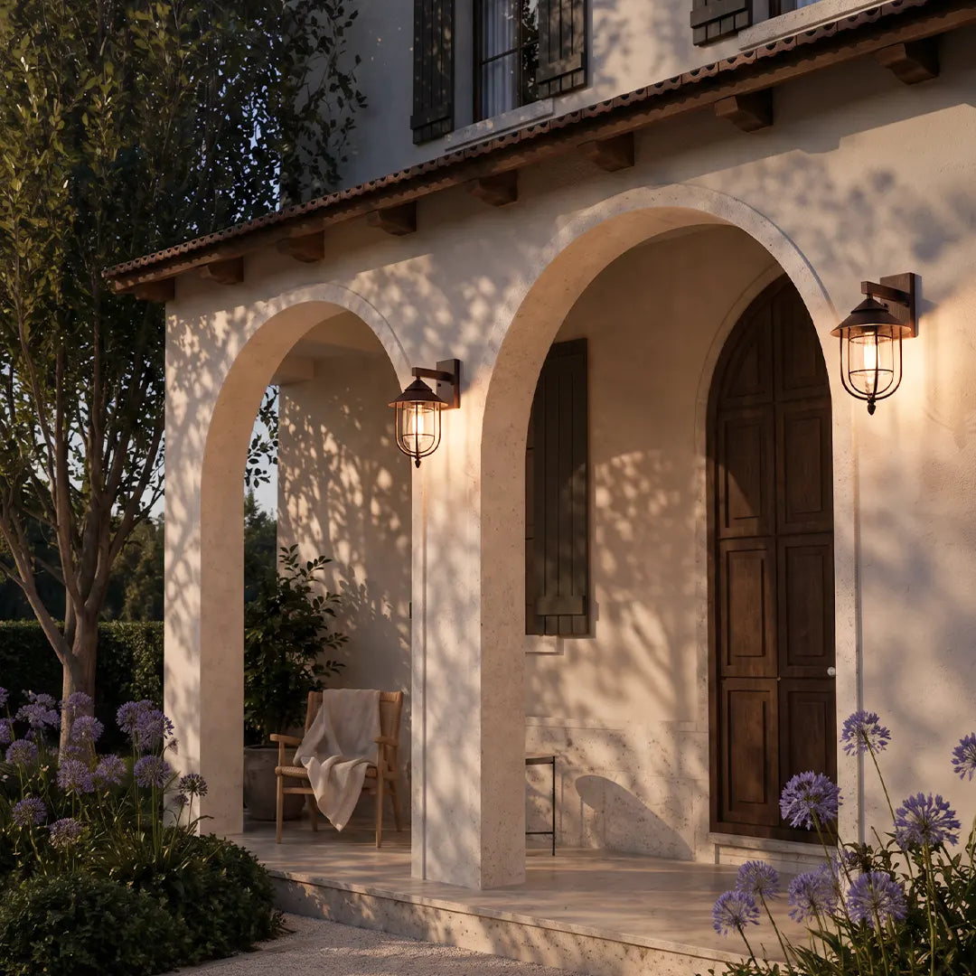 Lantern outdoor wall light on porch wall — Casa Norex