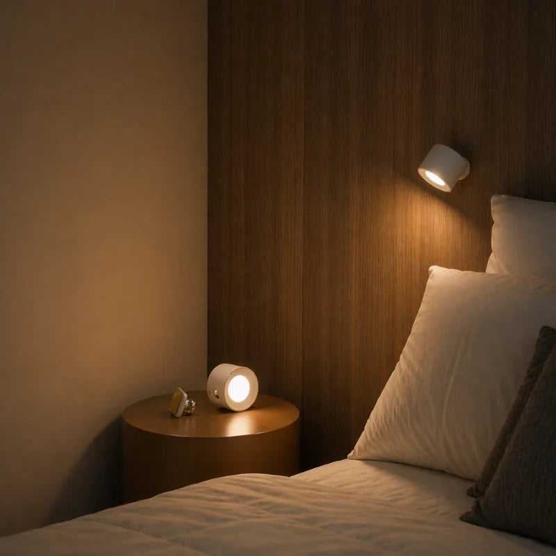 White cordless wall sconce on a wooden wall above a bedside table | Casa Norex