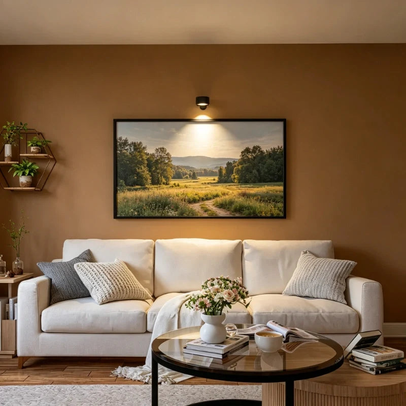 Cordless wall lamp above a landscape painting over a white sofa — Casa Norex