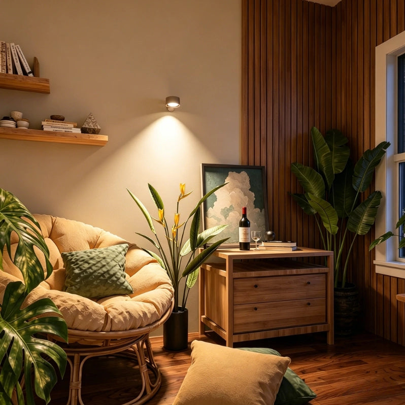 Cordless wall lamp lighting a bedside table in a wood-paneled room — Casa Norex