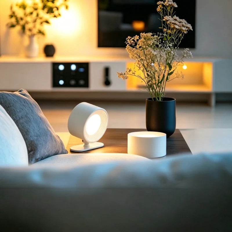 White cordless lamp on a coffee table beside a sofa and flowers — Casa Norex