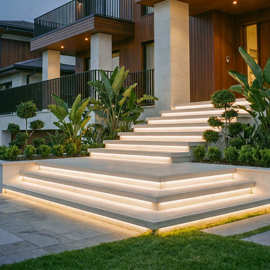 Inlay strip lighting a modern entry staircase — Casa Norex