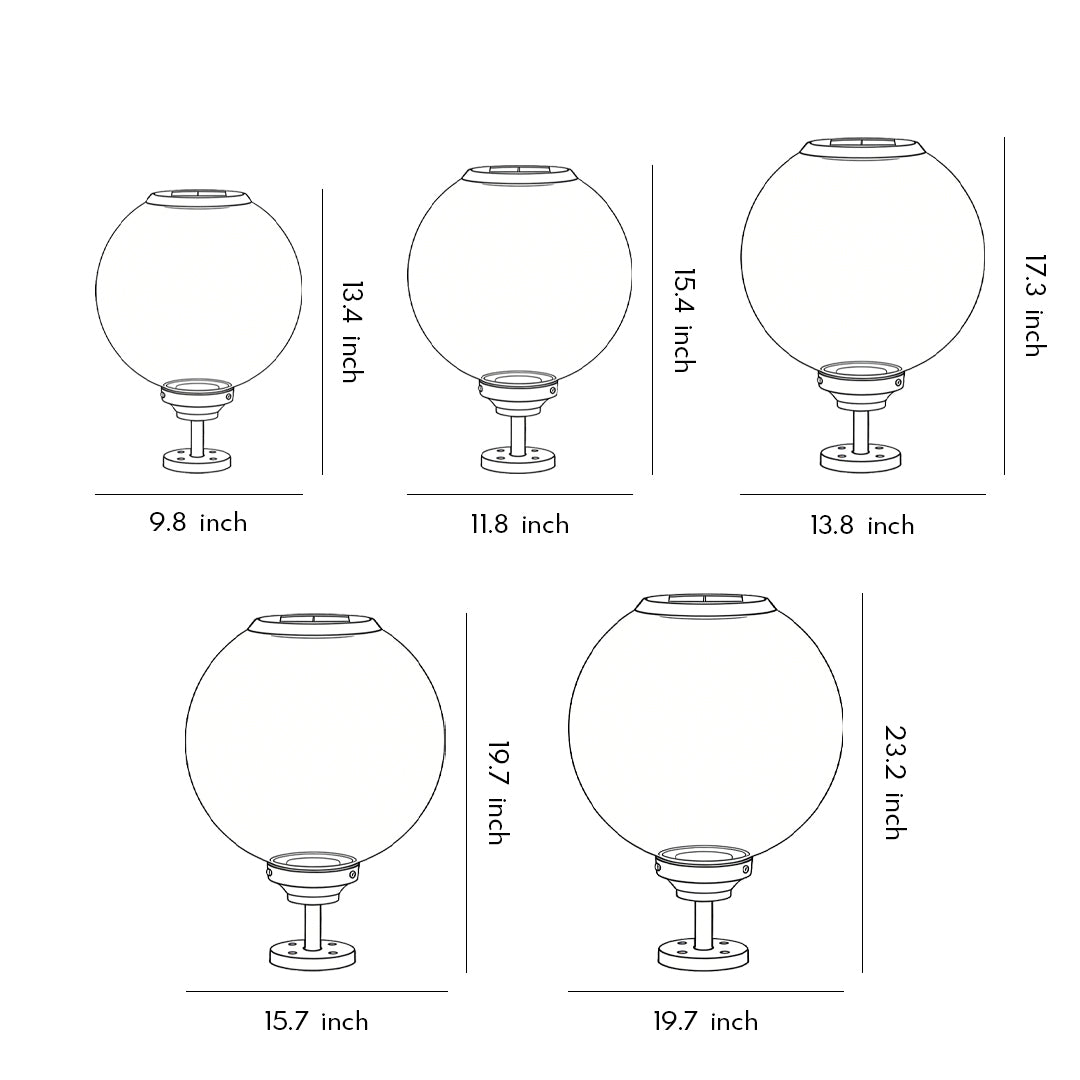 Orbit round solar outdoor pillar light dimensions diagram for the available sizes