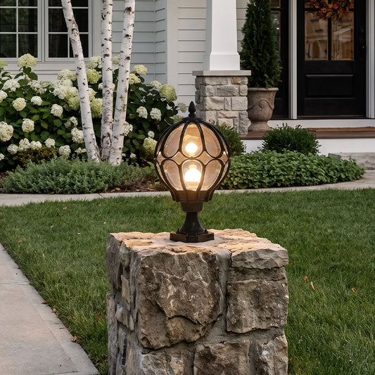 Copper glass globe outdoor post light outdoor globe pillar lights stone entry column | Casa Norex