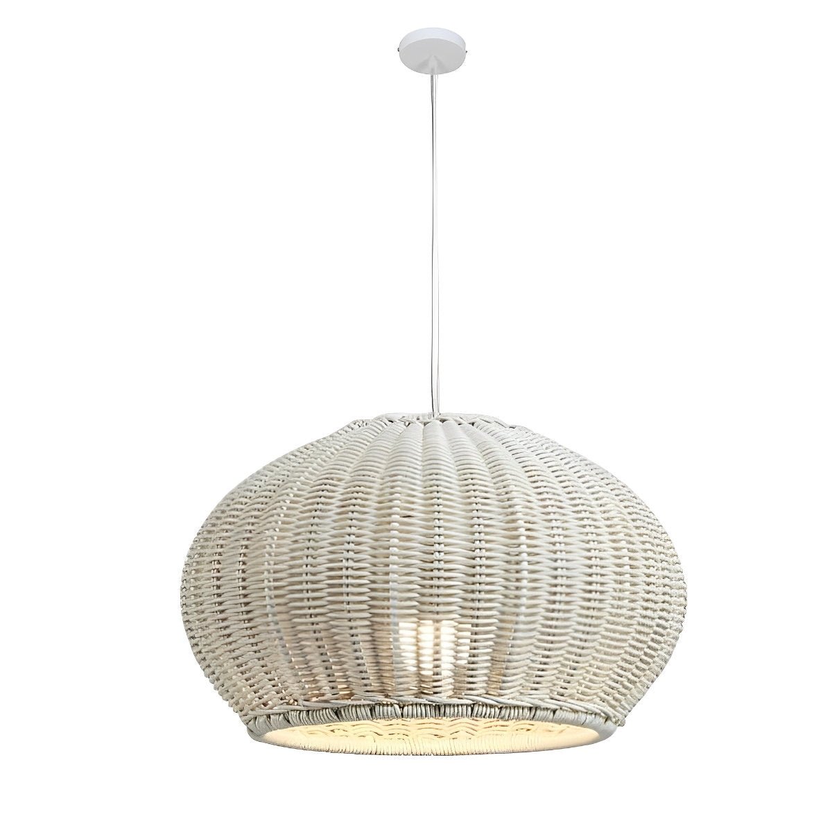 Rattan pendant lantern lit at night — warm ambient glow — Casa Norex