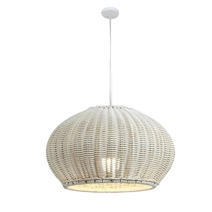 Rattan pendant lantern lit at night — warm ambient glow — Casa Norex