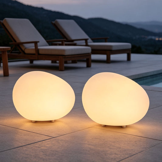 Cobble round pebble lights by a pool — Casa Norex