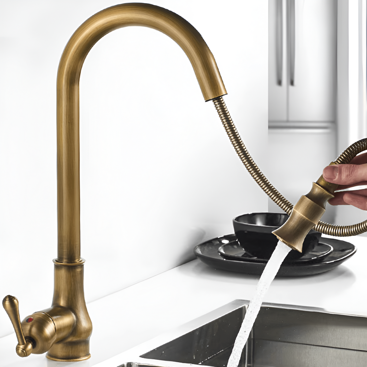 Amberleigh Antique Brass Pull-Down Kitchen Faucet — solid brass body | Casa Norex