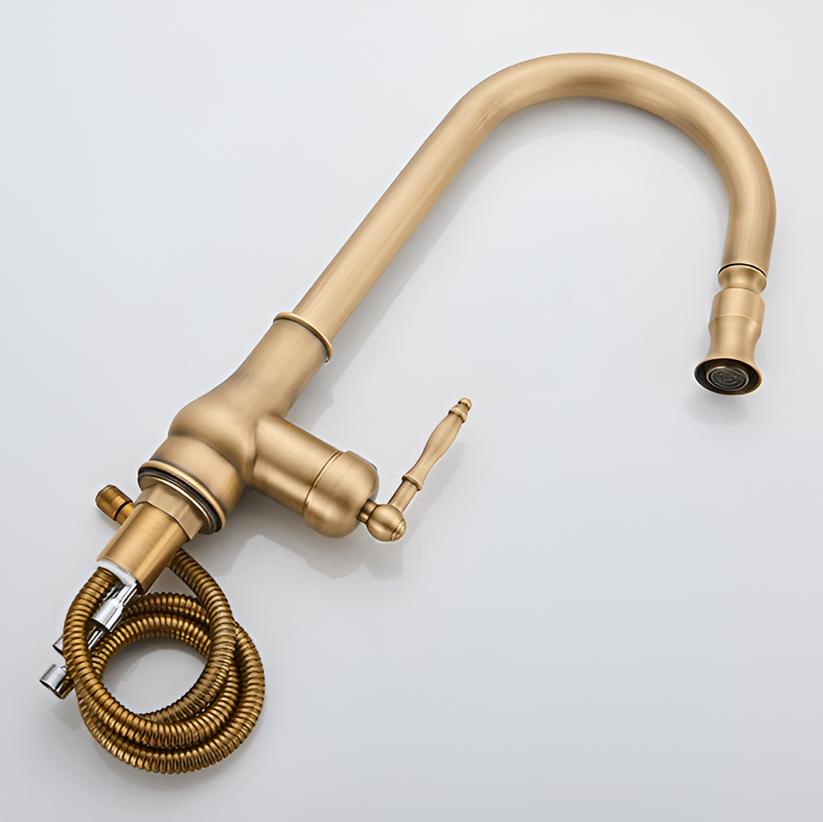 Amberleigh Antique Brass Pull-Down Kitchen Faucet — solid brass body, close-up | Casa Norex