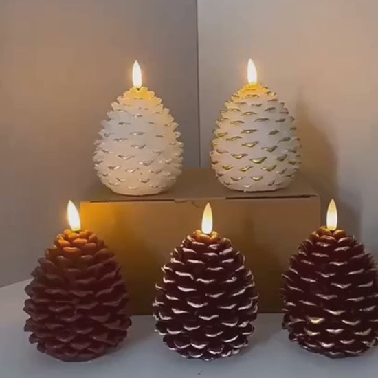 Conifer flameless pinecone candles with flickering LED flame, remote and timer | Casa Norex