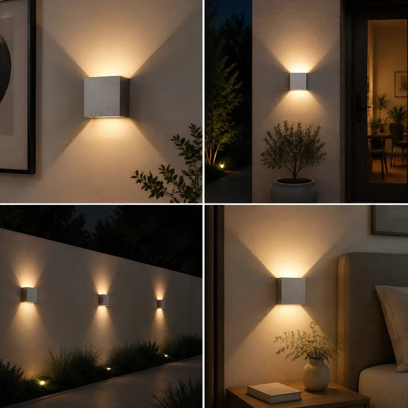 Collage of cube wall lights in a living room, hallway and entry | Casa Norex