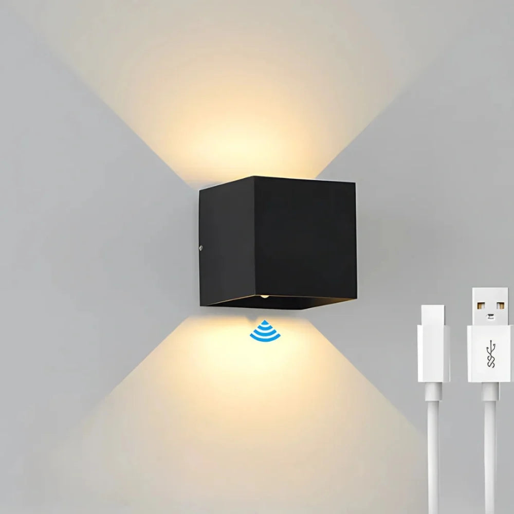 Black USB-rechargeable cube wall light with charging cable — Casa Norex
