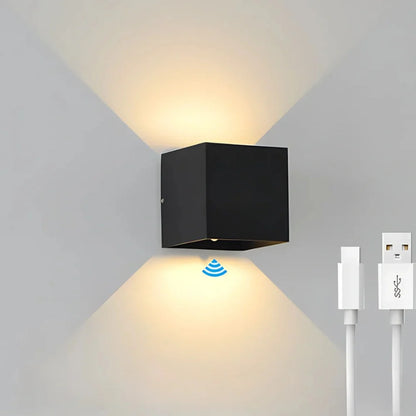 Black USB-rechargeable cube wall light with charging cable — Casa Norex