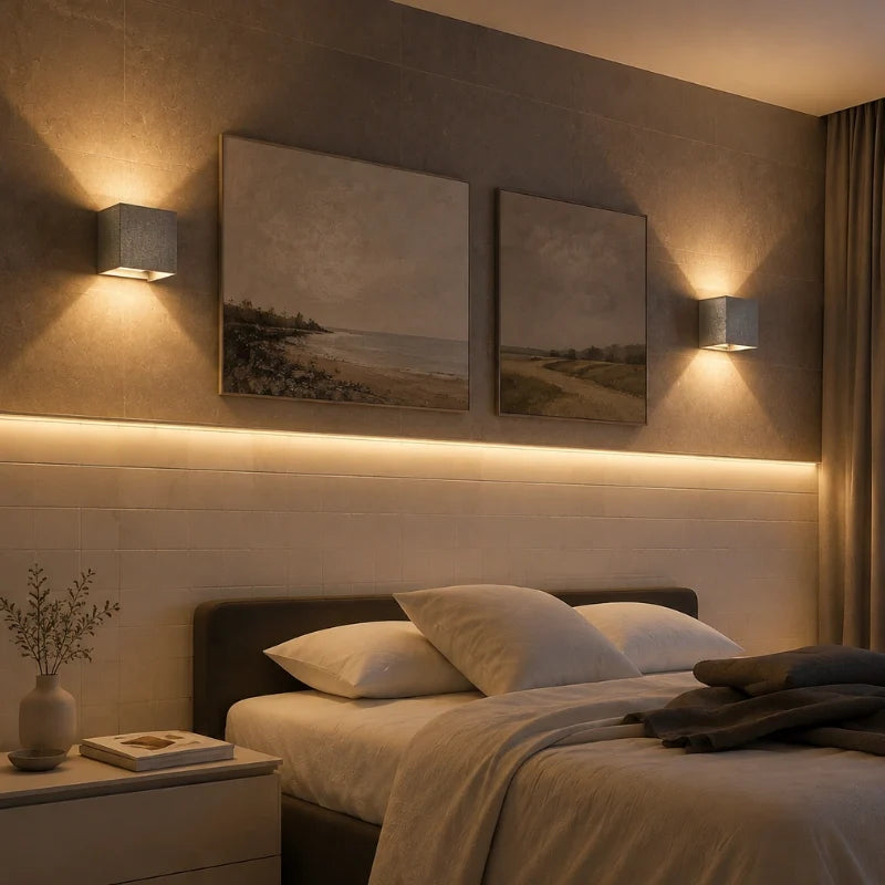 Cube wall lights flanking a bed headboard with a warm glow — Casa Norex
