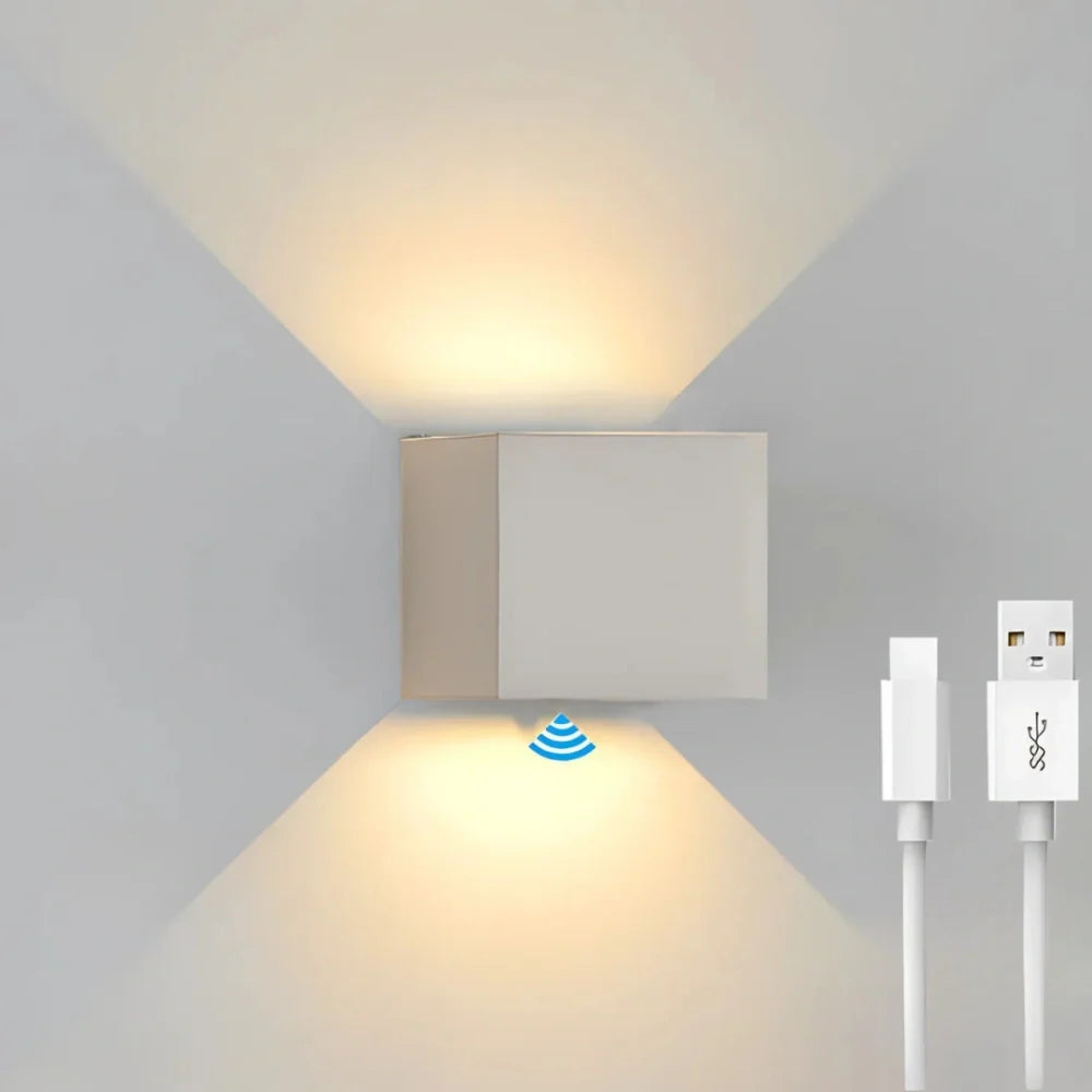 White USB-rechargeable cube wall light with charging cable — Casa Norex