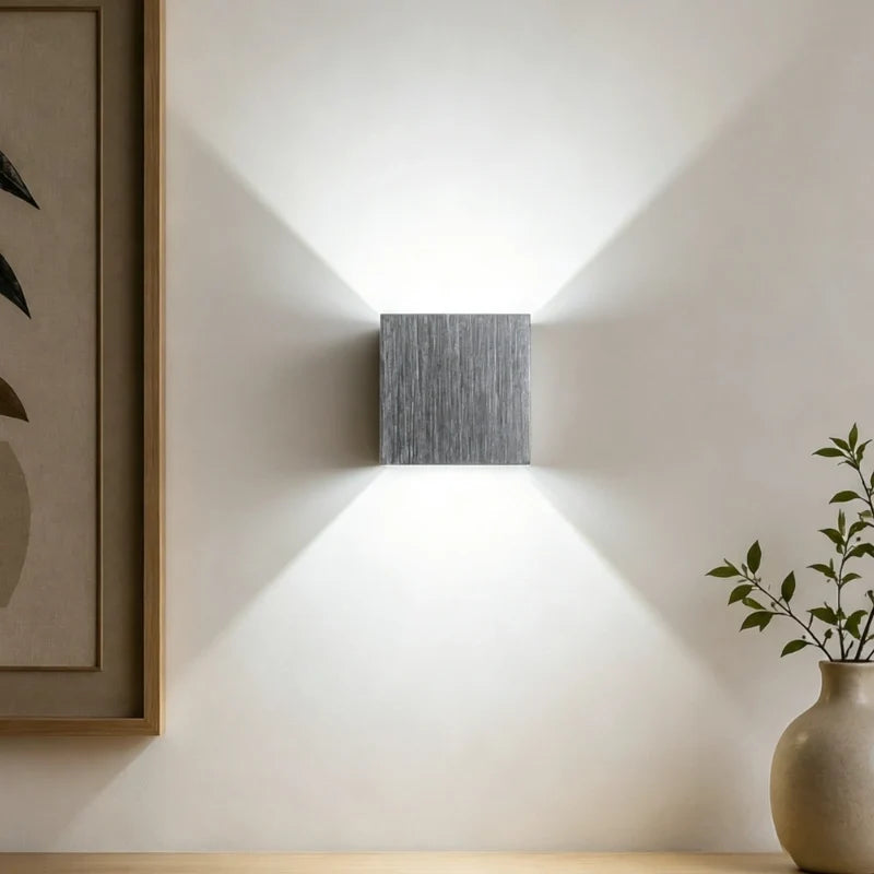 Brushed silver cube wall light with cool white light — Casa Norex