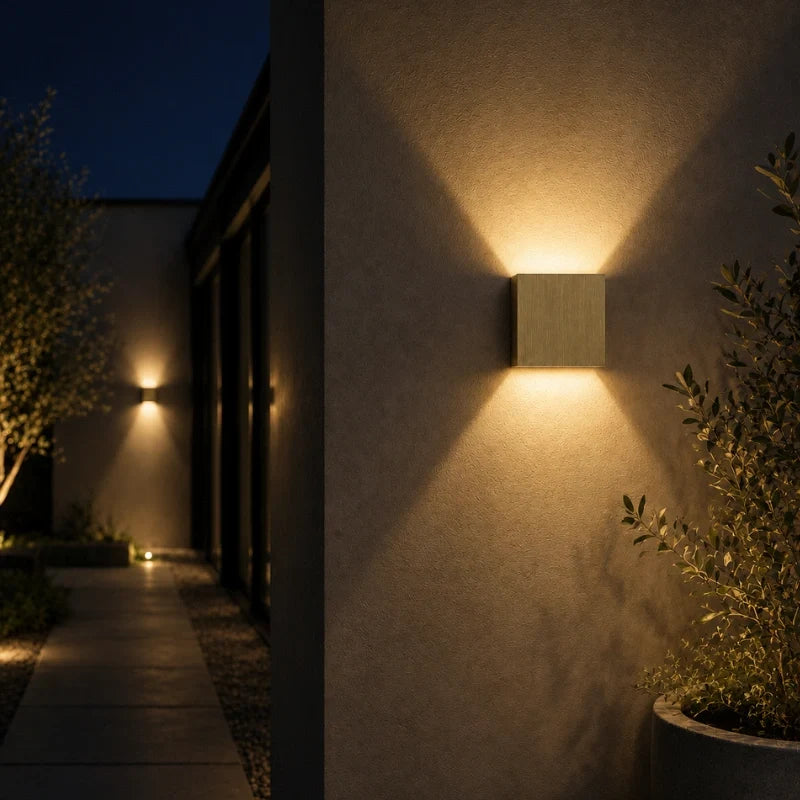 Brushed gold cube wall light on a patio wall at dusk — Casa Norex