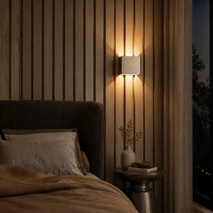 Cube wall light on a wood-slat wall — Casa Norex