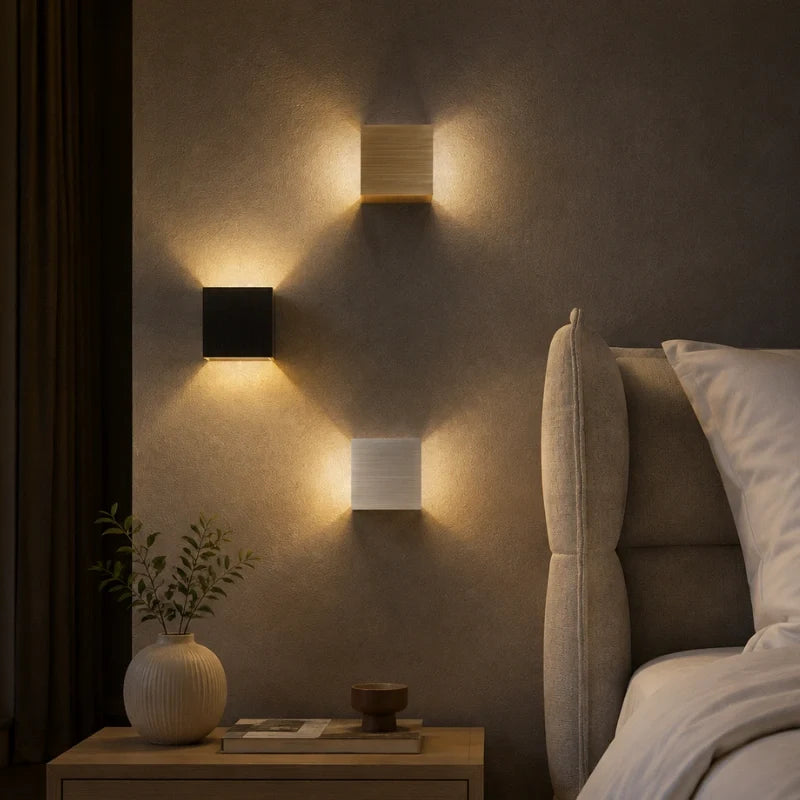 Black cube wall light on a beige wall with a warm glow — Casa Norex