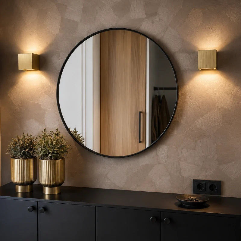 Cube wall lights flanking a round mirror — Casa Norex
