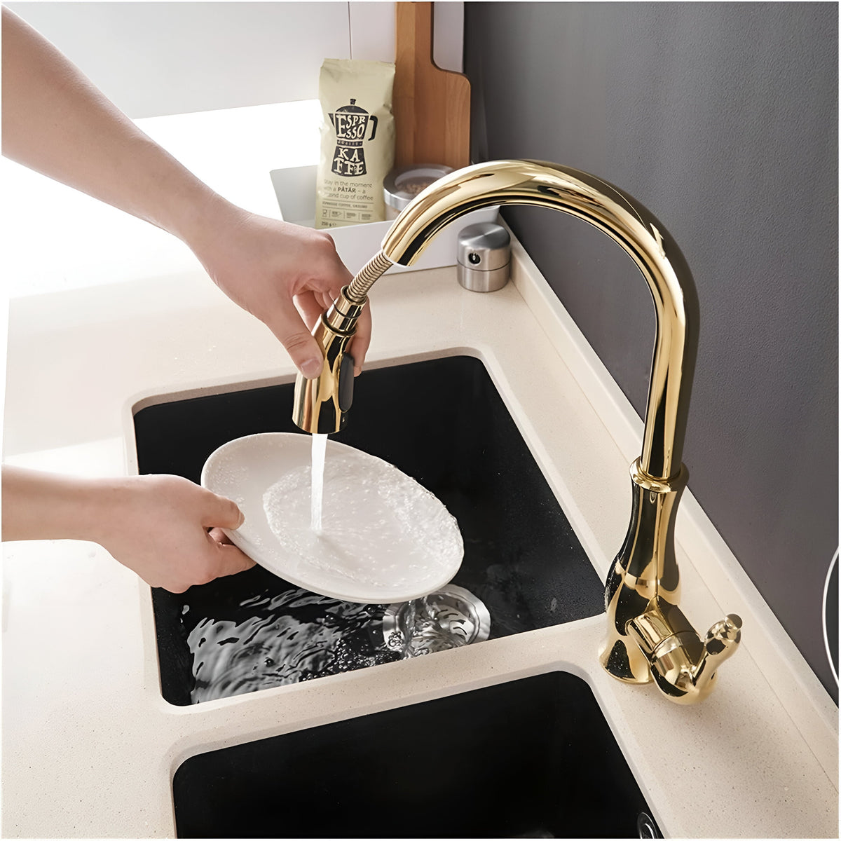 Aurelia Pull-Out Kitchen Faucet — polished gold finish, sprayer extended | Casa Norex