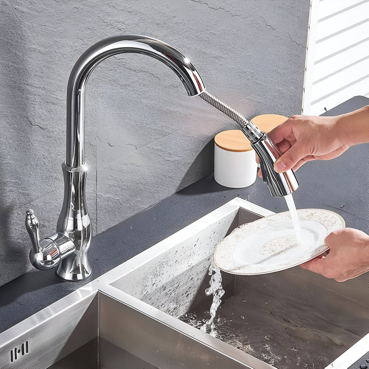 Aurelia Pull-Out Kitchen Faucet — Chrome finish, pull-out angle | Casa Norex