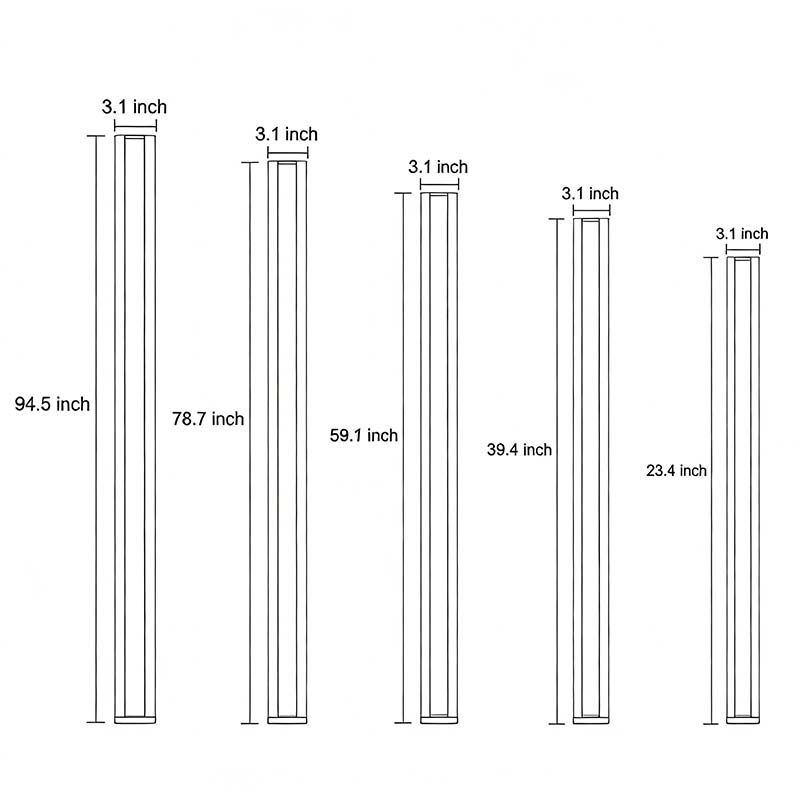 Dimensions and structure diagram — Corso linear outdoor wall light, 23.4″ to 94.5″ — Casa Norex