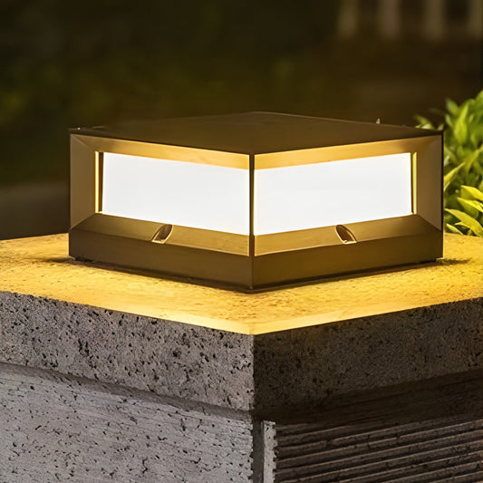 Low-profile square outdoor post light Tallis, black frame on a stone pillar with warm light | Casa Norex