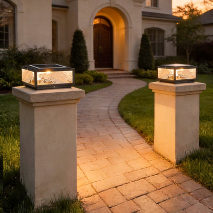 Merrin pillar light at a garden pathway entrance — Casa Norex
