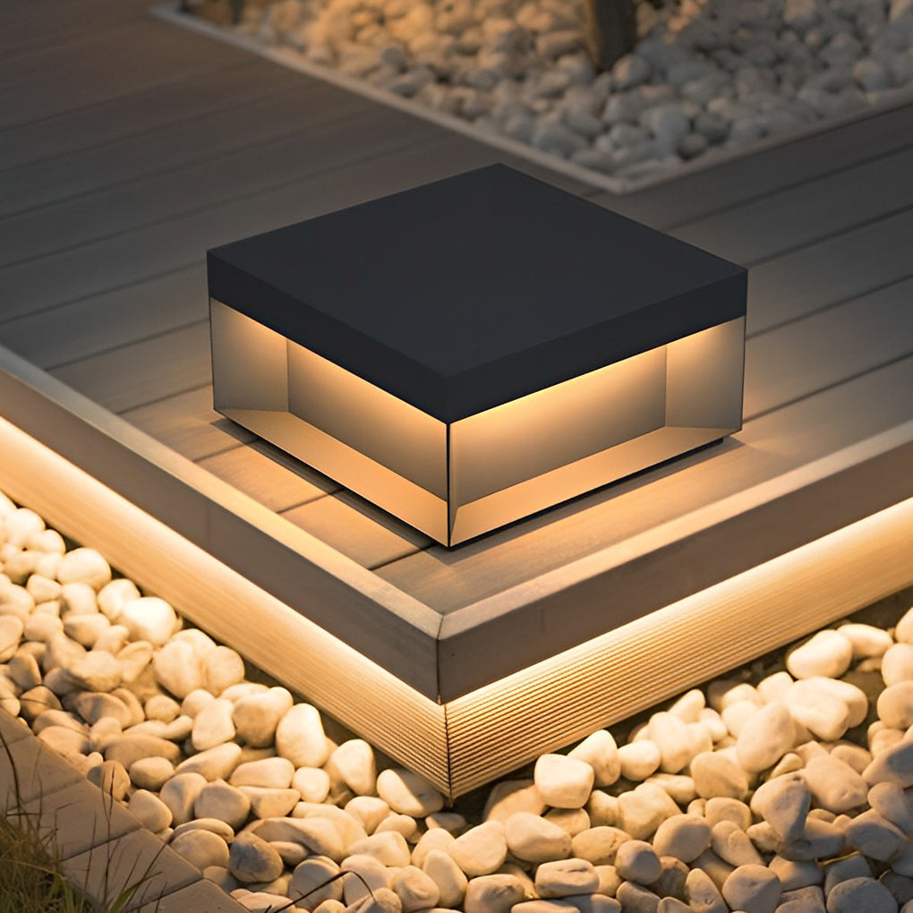 Forge post light on a wood deck corner | Casa Norex