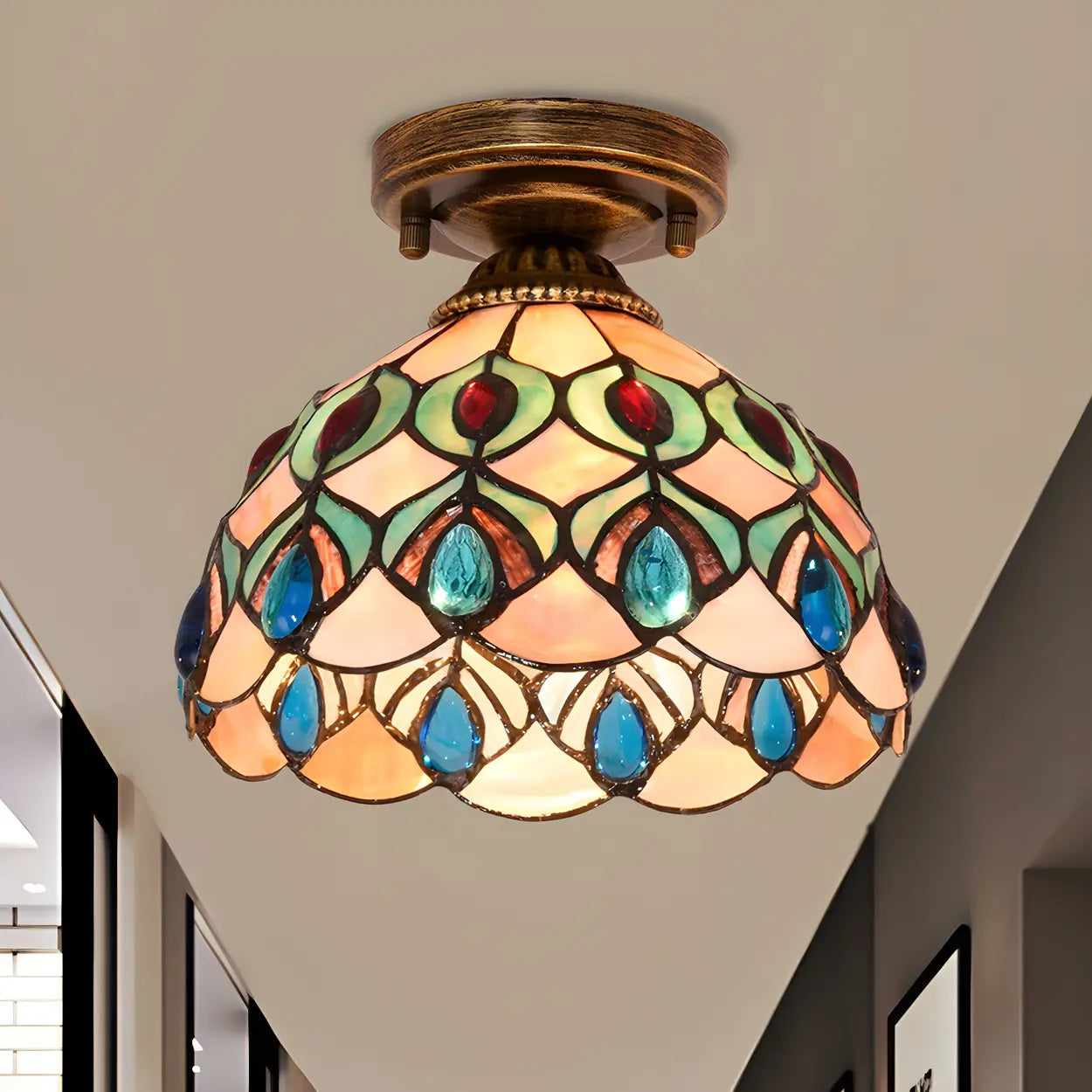 Tiffany flush mount in bedroom - blue stained glass glow - Casa Norex