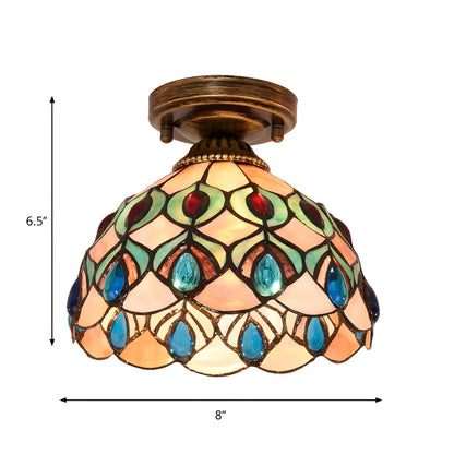 Tiffany Bowl-Shaped Stained Gem Glass Flush Mount Light