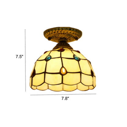 Tiffany Bowl-Shaped Stained Gem Glass Flush Mount Light
