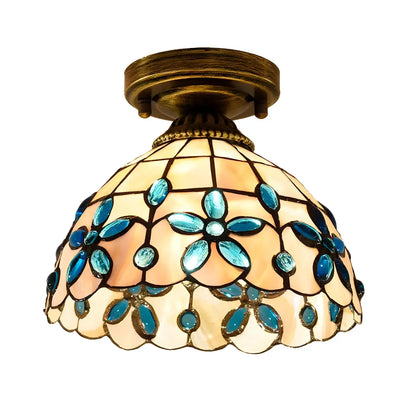 Tiffany Bowl-Shaped Stained Gem Glass Flush Mount Light