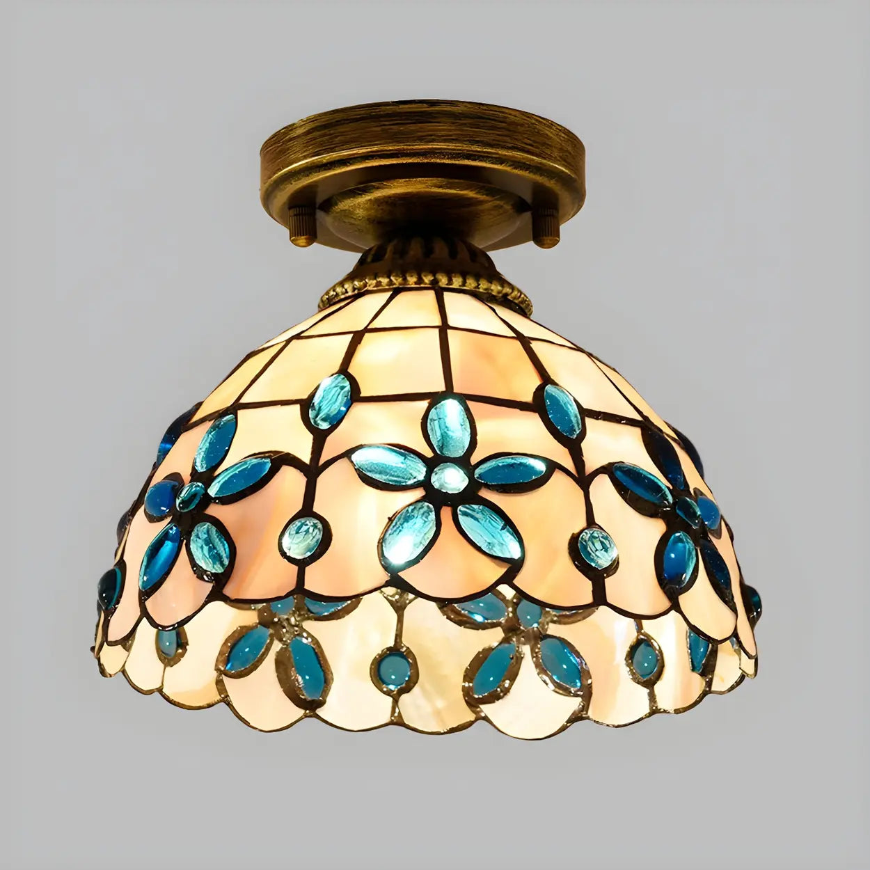 Tiffany Bowl-Shaped Stained Gem Glass Flush Mount Light
