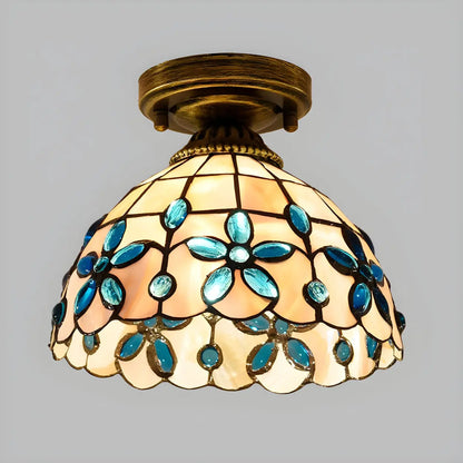 Tiffany Bowl-Shaped Stained Gem Glass Flush Mount Light