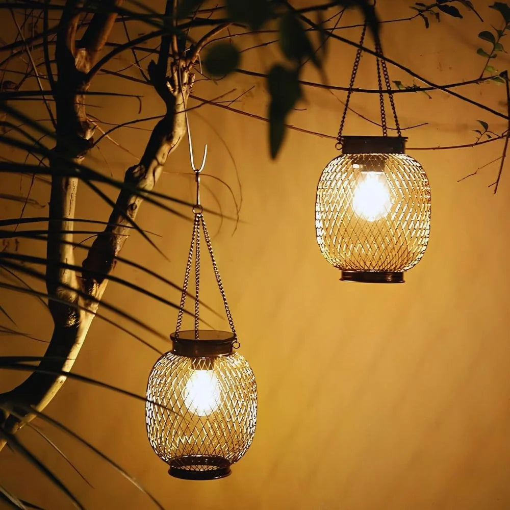Two mesh lanterns hanging from tree branches with a warm glow — Casa Norex