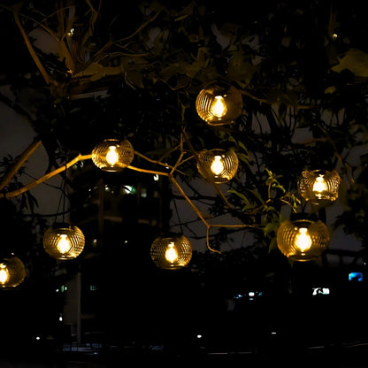 Garden tree hung with glowing bulb-style lights at night — Casa Norex