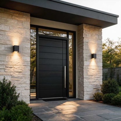 Up down outdoor wall light at modern house entrance with warm directional glow — Casa Norex