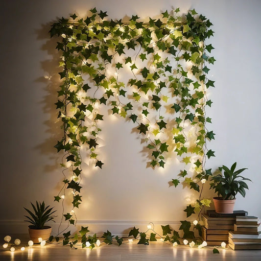Ivy garland lights hanging down a wall and across the floor beside a plant | Casa Norex