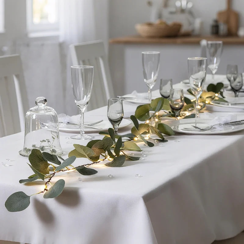 Eucalyptus garland lights along a white tablecloth with glasses — Casa Norex