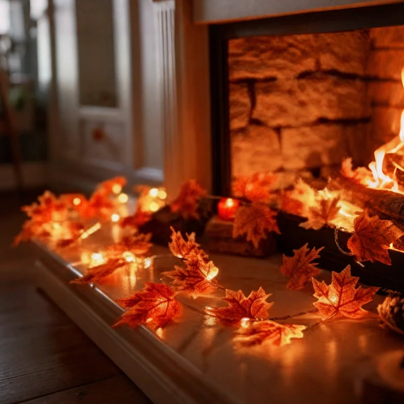 Autumn maple garland lights on a fireplace hearth — Casa Norex