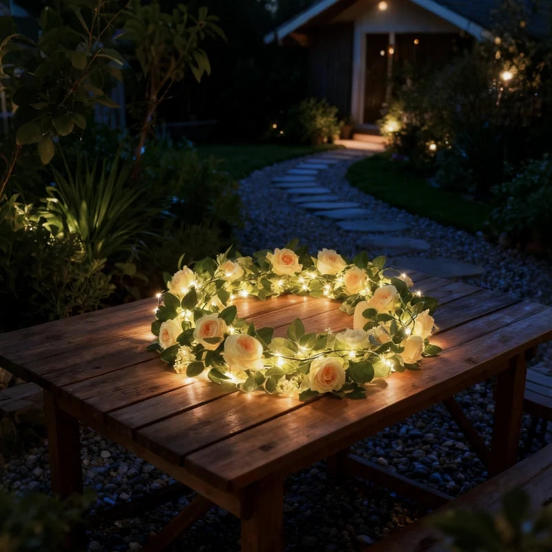Garland lights shaped into a wreath on a garden table at night — Casa Norex